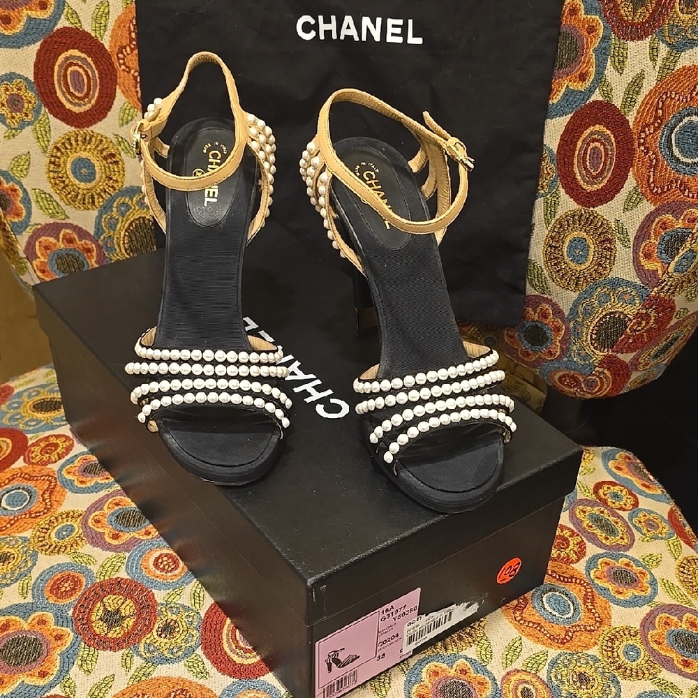 Chanel Black and Tan Heels with Pearl Embellishments